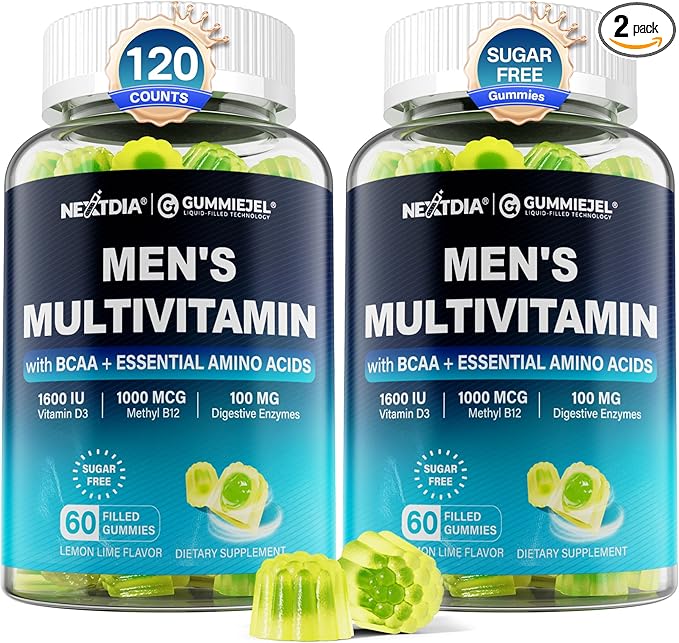 2 Pack Methylated Multivitamin for Men Gummies BCAA Amino Acids Zinc Biotin Vitamin A C E D3 K2 B Complex Calcium Magnesium Lycopene Digestive Enzymes - Energy Muscle Immune - Sugar Free Vegan