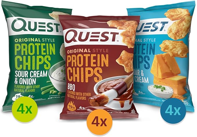 Quest Vanilla Milkshake Protein Powder with 24g Protein Quest Protein Chips Variety Pack with BBQ Cheddar &amp Sour Cream Sour Cream &amp Onion Flavors 1.6 lb 12 Count