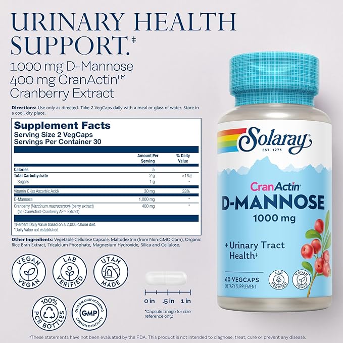 SOLARAY D-Mannose with CranActin Cranberry Supplement 400mg Urinary Tract Health &amp Bladder Support Capsules with Vitamin C for Immune Function Vegan 60 Day Guarantee 30 Servings 60 VegCaps