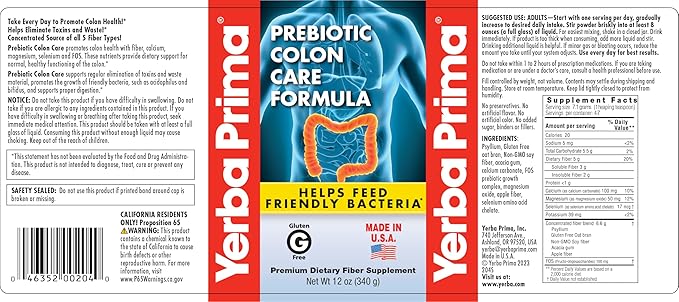 Yerba Prima Prebiotic Colon Care Formula Powder 12 oz - Natural Psyllium Fiber FOS Magnesium Selenium - Non-GMO Gluten Free Vegan Daily Supplement for Men &amp Women