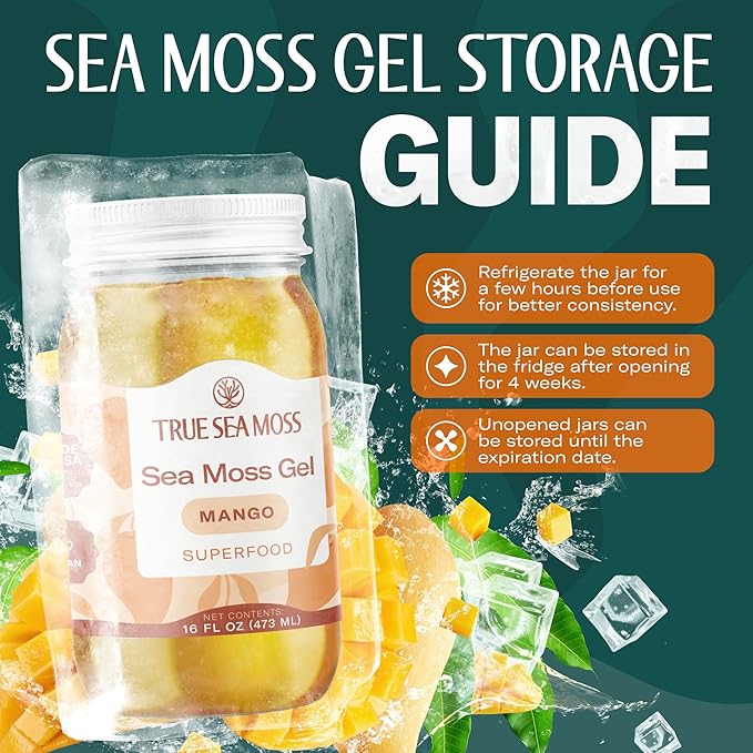 TrueSeaMoss Sea Moss Gel – Made in USA – Wildcrafted Seamoss Fruits &amp Jarred Vegetables – Mango Pack of 3 (Labels may Vary)