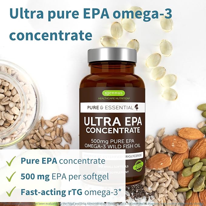 Igennus Ultra Pure Omega-3 EPA 500mg Highly Concentrated IFOS Certified Wild Fish Oil Advanced rTG Triglyceride Form Non-GMO 90 Small Softgels