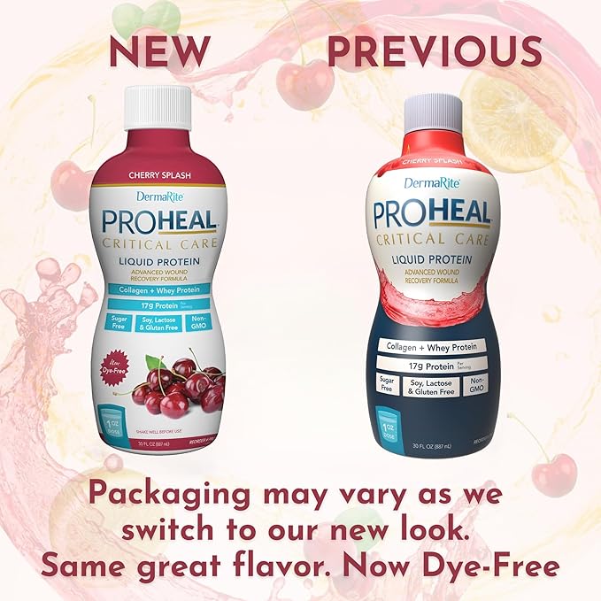 DermaRite's ProHeal Protein Supplement - Liquid Protein Wound Recovery Formula 15g of Collagen &amp Whey Protein - Cherry Splash Flavor 30 oz. 1 Count