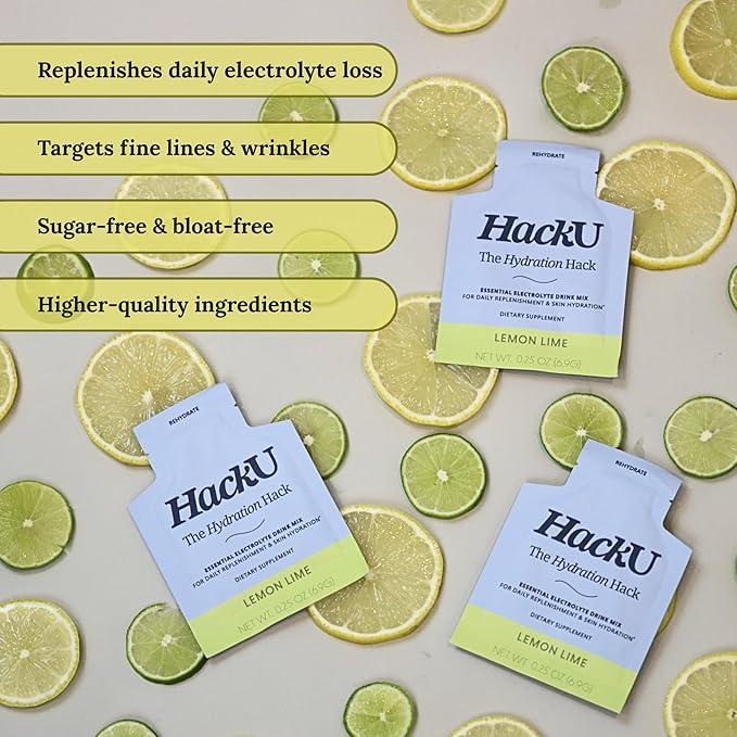 HackU Sugar-Free Electrolyte Packets for Body and Skin Hydration Support | Lemon Lime | 25ct | Drink Mix