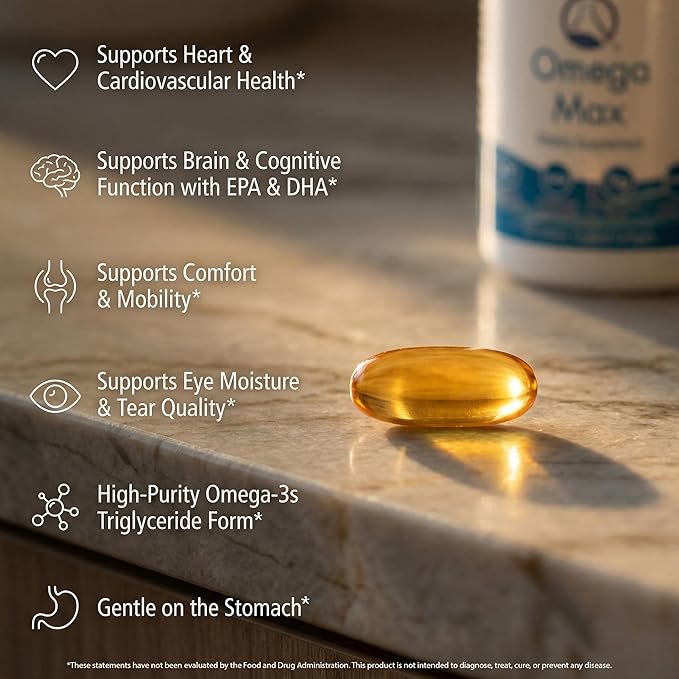 Omega Max No Burp Fish Oil Dietary Supplement - Omega 3 EPA DHA Supplement for Heart Brain and Vision - Premium Fish Oil Co-Developed by NASA 60 ct Enteric Softgels (2000mg/serving)