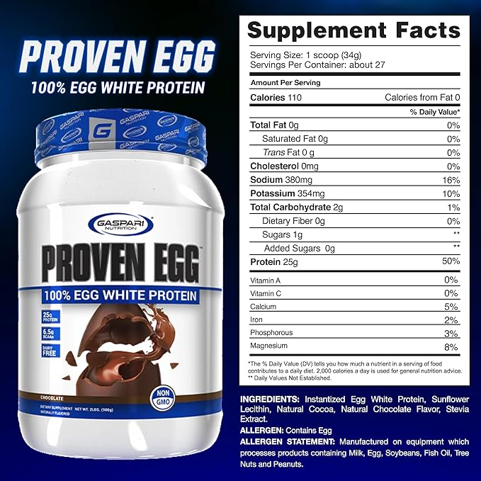 Gaspari Nutrition Proven Egg 100% Egg White Powder 25g Protein Keto Friendly Dairy Lactose and Soy Free (2 lbs Chocolate)