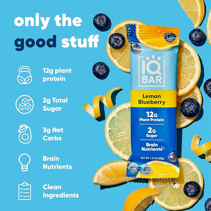 IQBAR Clean Plant Protein Bars - Lemon Blueberry - 12 Count - Keto Vegan High Fiber Gluten and Dairy Free Low Sugar Snack - Brain and Body Nutrients for Focus Energy Meal Replacement