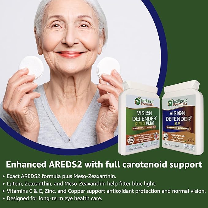 Vision Defender A.M.D. Plus &amp BP Eye Care Bundle – Advanced Eye Supplements with AREDS2 (Lutein Zeaxanthin Vitamin C &amp E Copper Zinc) Plus Meso-Zeaxanthin Bilberry Pine Bark. Made in UK