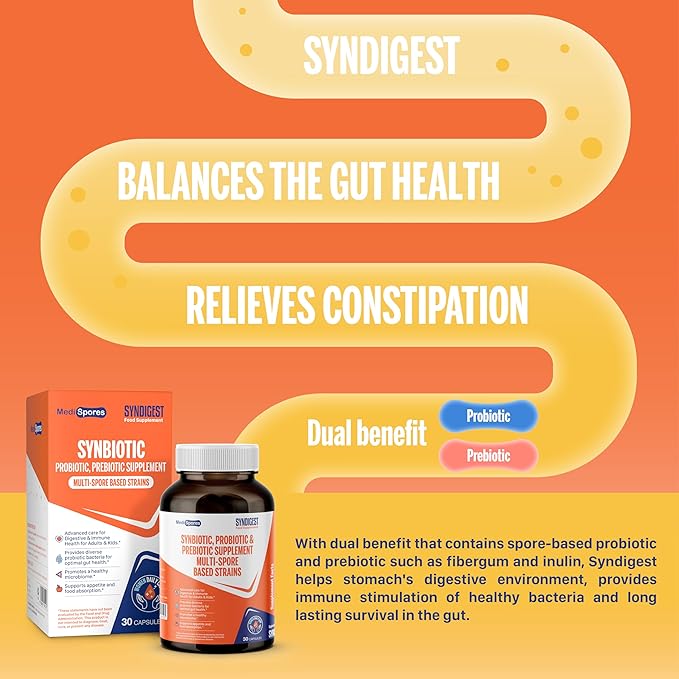 Syndigest probiotic daily care for women &amp men with dual benefit of 5 probiotic &amp prebiotic strains balance gut health &amp relieves constipation travel friendly 30 capsules (2 billions CF