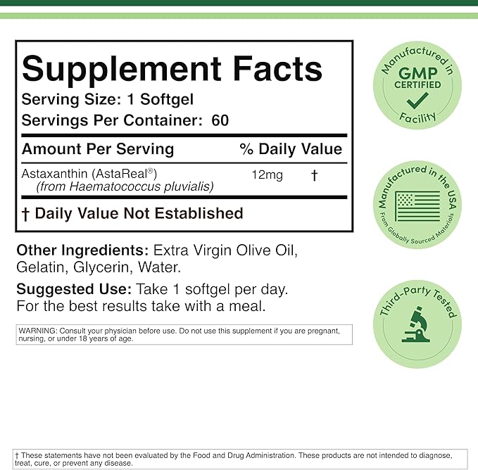 Astaxanthin 12mg Max Strength (Only Patented Astaxanthin (Astrareal) with 70+ Human Clinical Trials - World's Most Studied Brand) Grown Harvested and Made in The USA (Astaxantina) by Double Wood