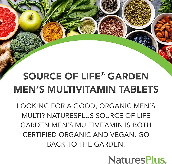 NaturesPlus Source of Life Garden Men’s Multivitamin - 90 Tablets - Supports Energy &amp Healthy Immune System - USDA Certified Organic Non-GMO Vegan Gluten Free Iron Free - 30 Servings