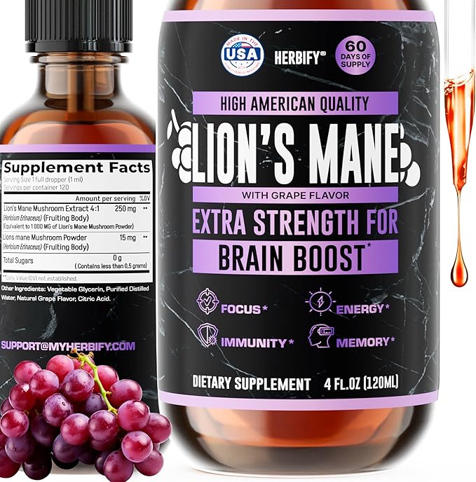 HERBIFY Lions Mane Supplement - Daily Mushroom Supplement for Memory Focus &amp Clarity - Brain Booster - Lions Mane Tincture for Immune Support - 4 Fl oz Grape Flavor
