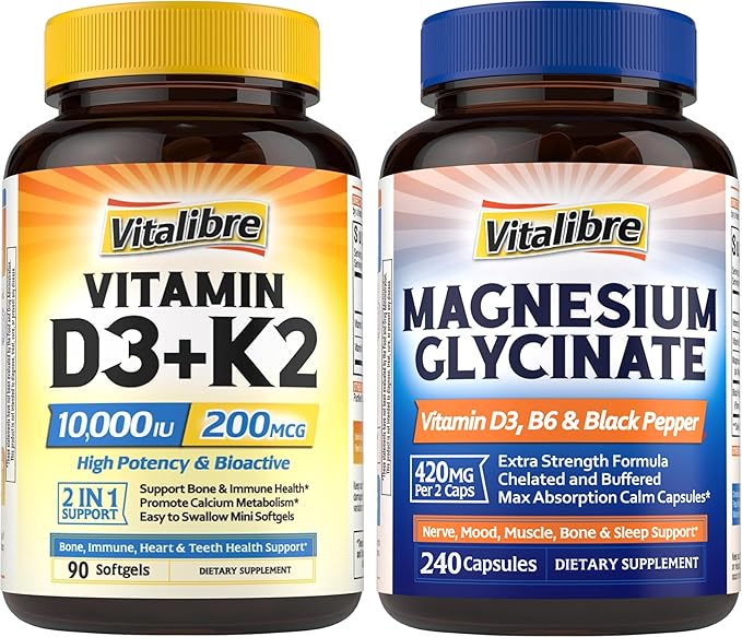 Vitamin D3 K2 Supplement 10000 IU 90 Softgels and Magnesium Glycinate 420mg with Vitamin D3 &amp B6 240 Capsules