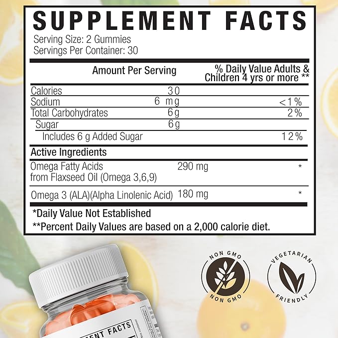 Vegan Omega 3 Gummies – Flaxseed Oil Omega 3 6 9 ALA - Pectin-Based Chewable Supplement for Adults - Natural Orange Flavor - Non-GMO Gluten-Free Gelatin-Free -30 Servings