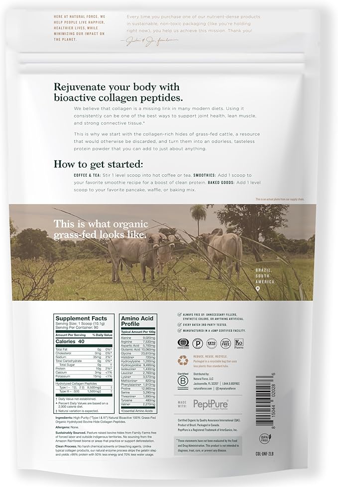 Natural Force Grass Fed Organic Whey Unflavored A2 Protein Powder 5 LB Organic Clean Collagen Peptides Powder Unflavored 32oz