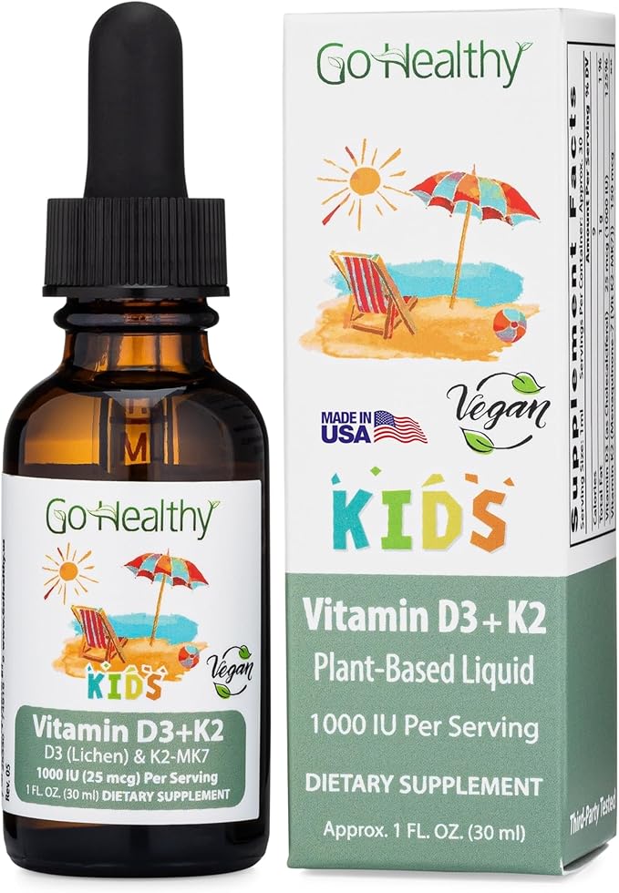 Go Healthy Kids Vitamins D3 K2 (MK-7) Child Vitamin D Liquid Vegan D3 K2 Drops for Kids Sugar-Free Easy-to-Absorb Children's Growth &amp Immune Support Vanilla Flavor - 30 Servings