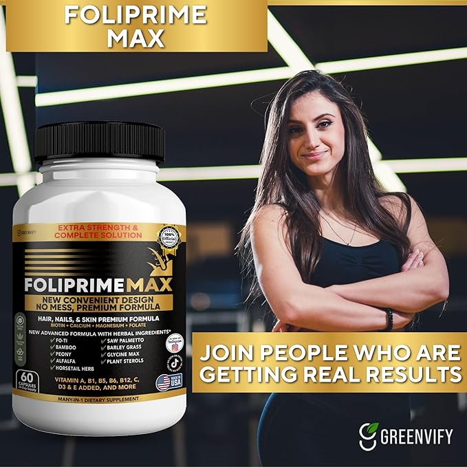 Foliprime Max Hair Nails &amp Skin Supplement with Biotin Vitamins Minerals &amp Herbal Blend 60 Capsules (5)