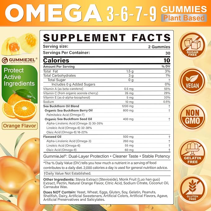 Methylated Multivitamin for Women &amp Men Gummies w/ Omega-3 Calcium D3 K2 + Omega 3-6-7-9 Gummies Organic Sea Buckthorn Oil 1200MG &amp Flaxseed Oil 500MG Vegan Omega 7 Supplement w/Vitamin A
