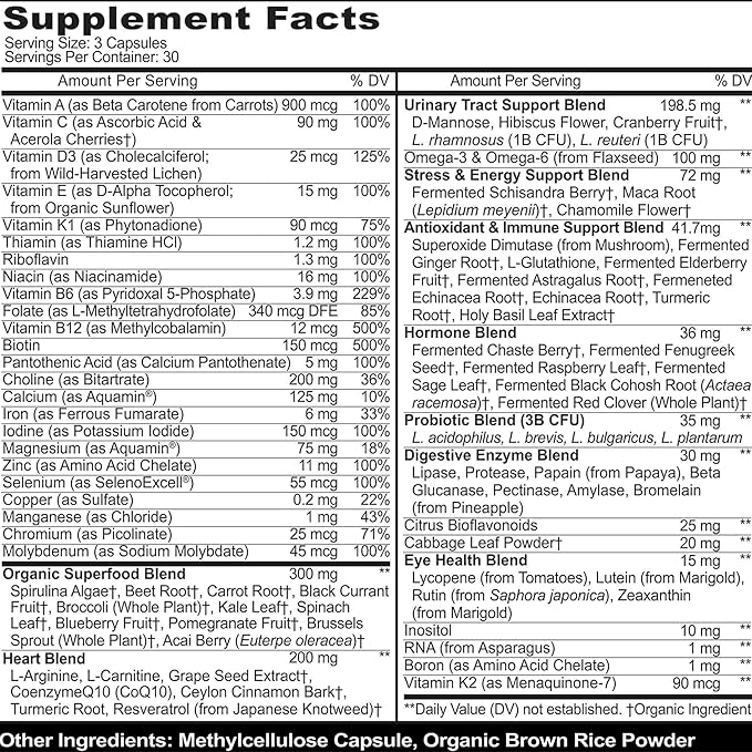 Methylated Multivitamin for Women with Iron - Womens Multivitamin with 44 Organic Whole Food &amp Fermented Nutrients - Daily Vitamin for Women Complete Multisystem Support 90 Vegan Caps Non GMO