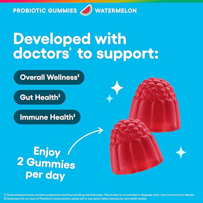 Physician's CHOICE Probiotic Gummies with Vitamin D &amp Prebiotic Fiber - Sugar Free - 1B CFUs of Clinically Studied Probiotic - Supports Immune &amp Gut Health for Women &amp Men - Watermelon Fla