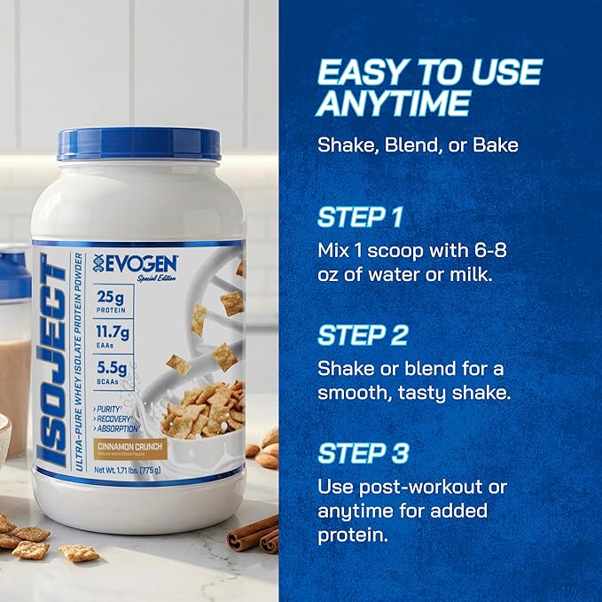 Evogen Isoject - Whey Protein Isolate | Ultra-Pure Whey Protein Powder with Ignitor Enzymes BCAAs and EAAs | Enhanced Absorption &amp Recovery | Cinnamon Crunch | 25 Servings