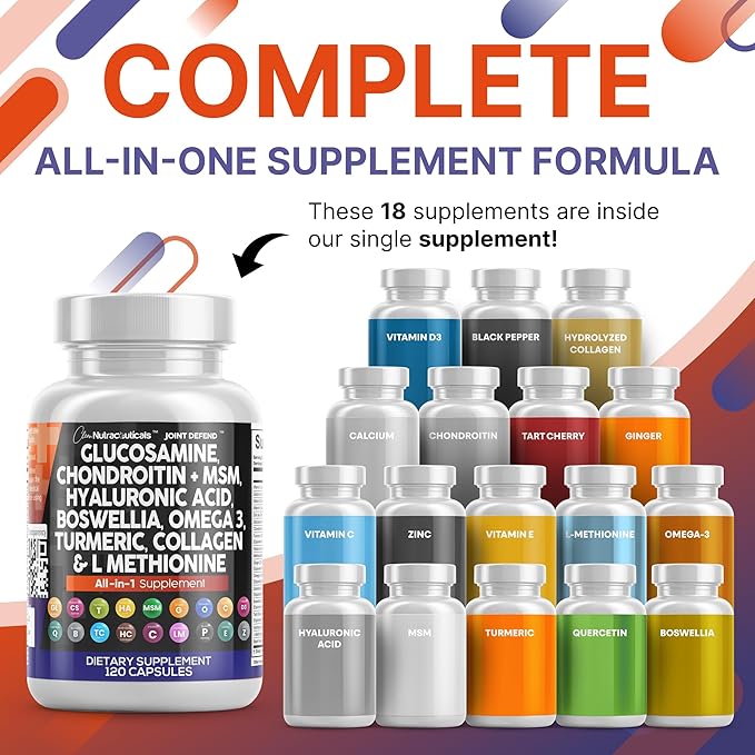 Clean Nutraceuticals Glucosamine Chondroitin MSM 1500mg with Turmeric Curcumin Collagen Hyaluronic Acid Omega 3 – Joint Health Supplement for Men &amp Women (120 Count (Pack of 2))