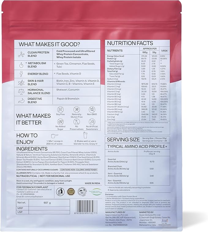 OZiva Protein &amp Herbs Women with Multivitamins Curcumin Shatavari Tulsi for Improved Metabolism Hormonal Balance &amp Skin Hair Health 2.2 lbs Vanilla Almond. Soy Free Gluten Free Non G