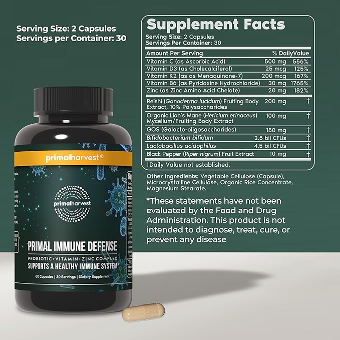 Primal Harvest Immune Defense 10-in-1 Supplement with Probiotics Zinc and Vitamins C D3 K2 B6 Daily Immune Support for Adults
