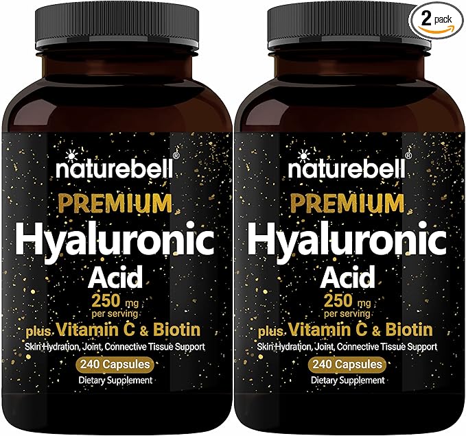 NatureBell 2 Pack Plant Based Hyaluronic Acid Supplements 250mg with 25mg Vitamin C &amp Biotin 5000mcg 480 Total Capsules | Essential for Hair Growth Joint Support &amp Hydrating Skin | Non-GMO