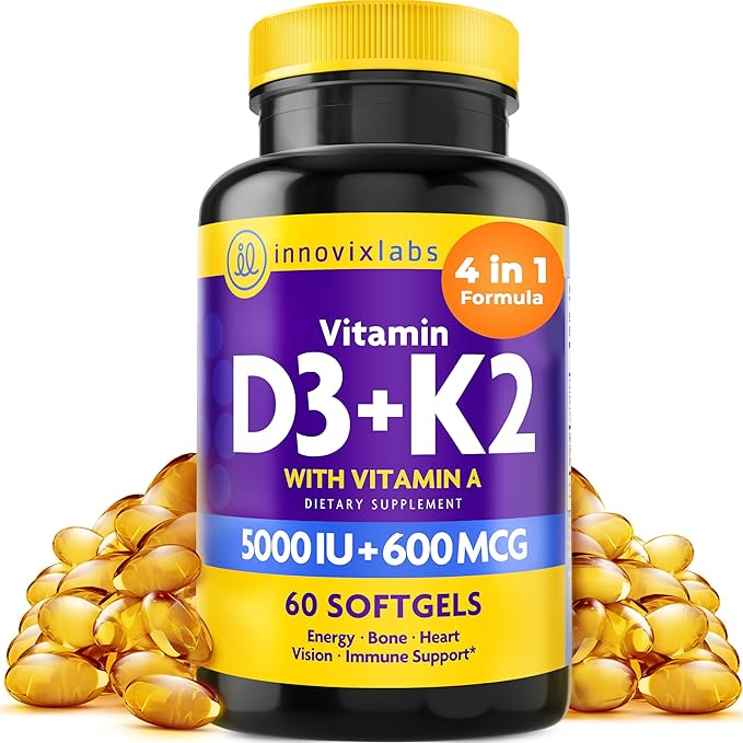 InnovixLabs Vitamin D3 K2-5000 IU Vitamin D3 Plus 600 mcg Vitamin K2 MK4 and MK7 for Max Calcium Absorption Supports Bone Immune Heart Health 3rd Party Tested Gluten Free 60 Softgels