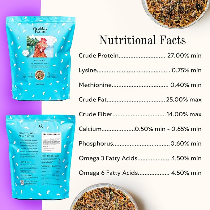 Grubbly Farms Omega Mix Chicken Treats for Laying Hens - Superfood and Omega-Rich Chicken Feed Supplement to Support Egg Production Strong Eggshells and Nutritious Yolks - 5LB