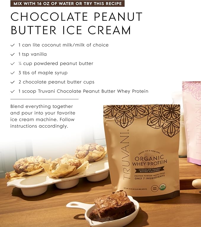 Truvani Organic Whey Protein Powder | Chocolate Peanut Butter | 20g Grass Fed Whey Protein | 20 Servings | USDA Organic &amp Non-GMO | Gluten Free | No Gums No Soy No Stevia No Added Sugars