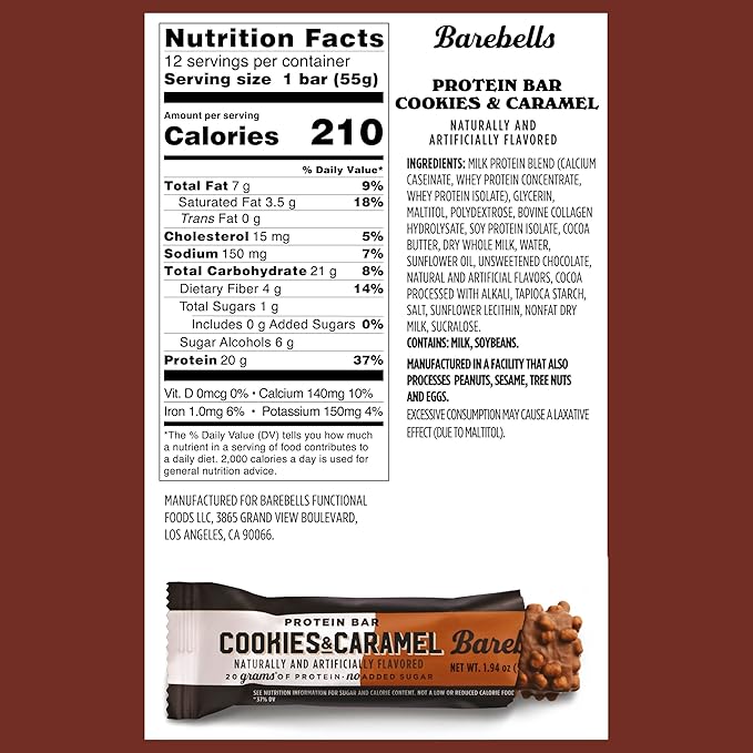 Barebells Protein Bars Cookies and Caramel - 24 Bars (2 Packs of 12) 20g High Protein Treats - Chocolate Nutrition Bar with 1g Total Sugars - On-The-Go Breakfast or Post-Workout Snack