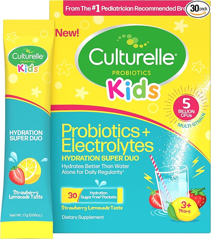 Culturelle® Kids Probiotics and Electrolytes Hydration Super Duo Strawberry Lemonade Sugar Free‡ Powder Packets for Immune and Digestive Support 30 Count