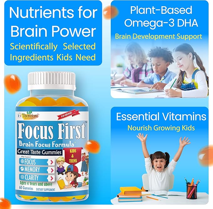 Focus First Kids Focus and Attention Supplements Teen Vitamin Brain Support Focus Gummies For Teens Brain Supplements For Memory And Focus For Kids Vegan Non-GMO Fruity Flavor – 60 Gummies
