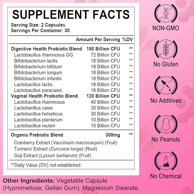 Vaginal Probiotics for Women 300 Billion CFUs Probiotics for Women 15-in-1 Womens Probiotic &amp Prebiotics for Vaginal Urinary Tract PH Balance Immune Digestive &amp Gut Bloating Health 60