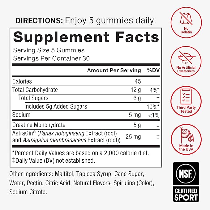 Force Factor Creatine Monohydrate Gummies NSF Certified 5g Dose for Men &amp Women to Support Muscle Strength Recovery Cognitive Health &amp Memory Packaging May Vary Blue Raspberry 150 Gumm