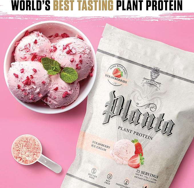 Ambrosia Planta - Plant-Based Protein Powder 20g | Dairy Free Vegan Protein Powder with BCAA Amino Acids | Keto-Friendly No Added Sugar | 25 Servings | Strawberry Ice Cream