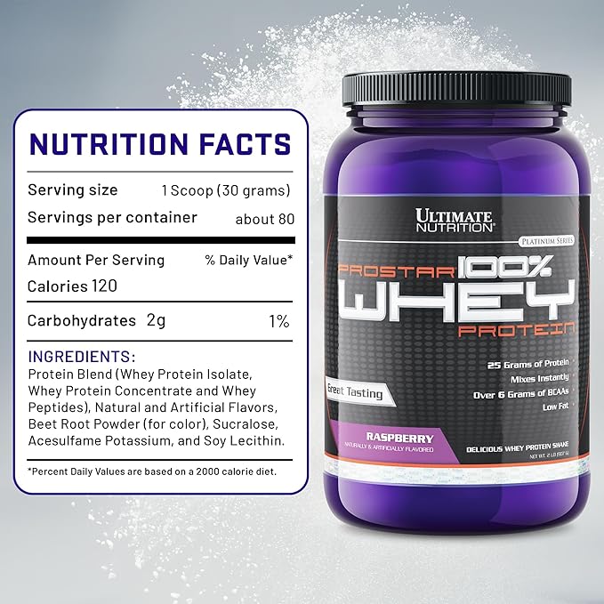 Ultimate Nutrition Prostar Whey Protein Powder Isolate Raspberry - Low Carb High Protein Powder Shake for Muscle Gain &amp Recovery - Low Sodium Low-Fat &amp Keto Friendly - 2 lbs Tub