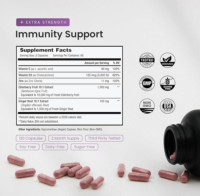 Elderberry with Vitamin C and Zinc - 5 in 1 - Immunity Support Supplement 10000mg Sambucus Black Elderberry Capsules with Vitamin D3 5000 IU Sambucus Elderberry Extract - Immune Booster for Adults