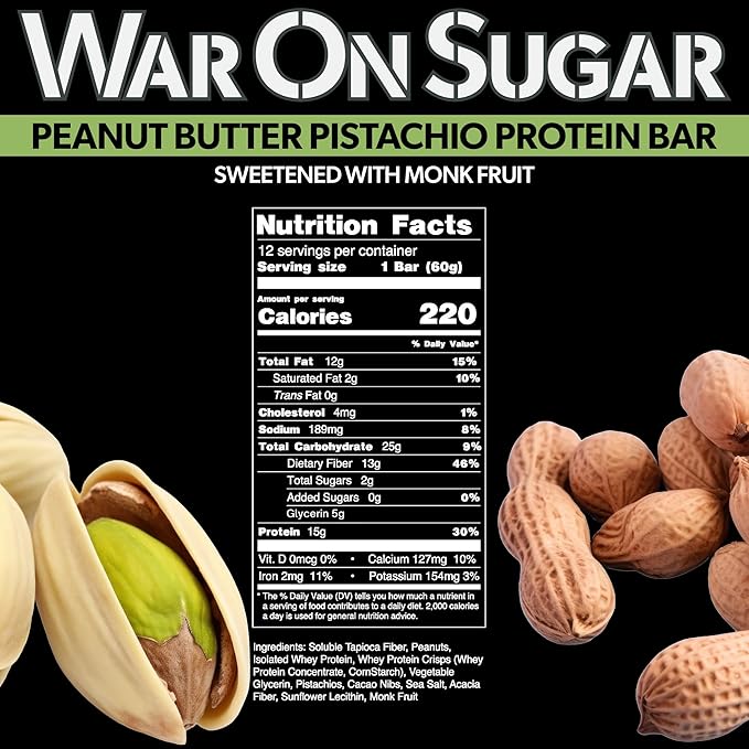 War on Sugar Peanut Butter Pistachio - High Protein Bars No Sugar Added 15g Protein 7g Net Carbs Keto Friendly Gluten Free All-Natural Ingredients Monk Fruit Sweetened No Crash - 12 Count Box