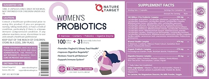 NATURE TARGET Probiotics for Women 100 Billion CFUs Probiotic with Digestive Enzymes &amp Prebiotics Vaginal Probiotics with Cranberry for Urinary Tract Health pH Balance 180 Veggie Capsules