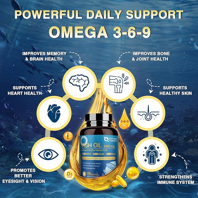 NATURE TARGET Bone &amp Heart Synergy Bundle — Vitamin D3 K2 + Triple Omega 3-6-9 Fish Oil with Calcium &amp Magnesium &amp Vitamin E Complete Daily Support for Bones Heart Brain &amp Immune He