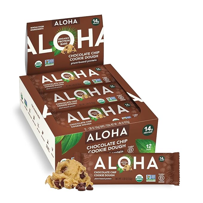 Aloha Organic Plant Based Protein Bars Chocolate Chip Cookie Dough 1.98 Oz(Pack of 12)