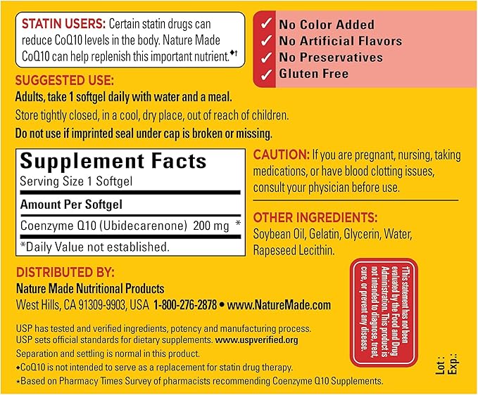 Nature Made CoQ10 200 mg Dietary Supplement for Heart Health and Cellular Energy Production 100 Softgels 100 Day Supply