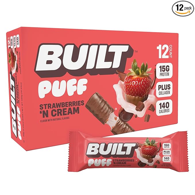 BUILT Bar Puff Protein Bars - Strawberries 'N Cream - 15g Protein Snack Bars with Collagen - Calorie Conscious &amp Gluten Free - 12 Count