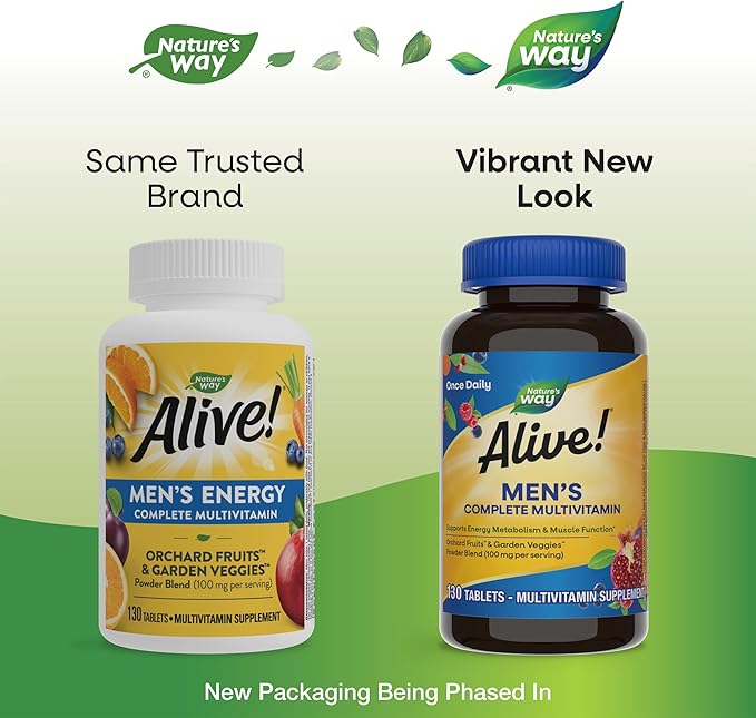 Nature's Way Alive! Men's Complete Daily Multivitamin Supports Energy Metabolism &amp Muscle Function* with B-Vitamins Gluten Free 130 Tablets (Packaging May Vary)
