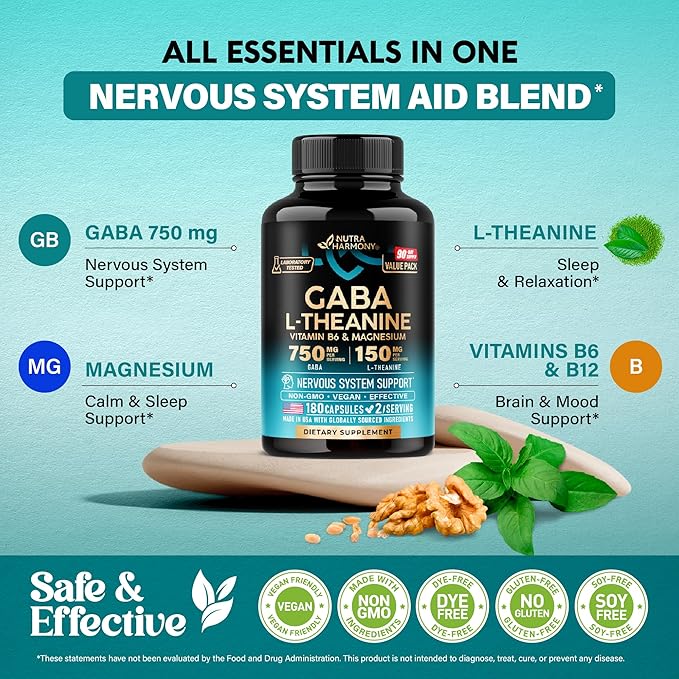 GABA L-Theanine 900 mg - Made in USA - Magnesium | Vitamin B6 - Calm Sleep Relaxation &amp Mood Support - 750 mg Gamma AminoButyric Acid 150 mg L-Theanine - Non-Habit Forming Vegan - 180 Capsules