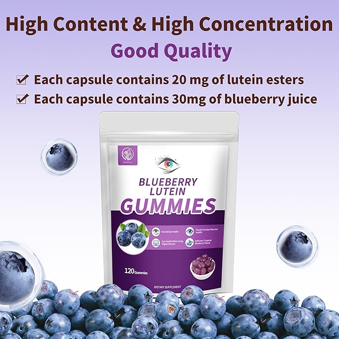 Blueberry Lutein Gummies with 120 Count - 2 Month Supply Eye Health Support Supplement for Kids and Adult Contains Blueberry Juice (30 mg/Gummy) &amp Lutein (20 mg/Gummy)