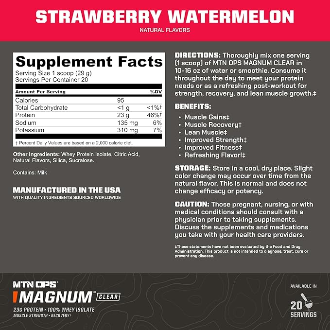 MTN OPS Magnum Clear Protein Powder – 23g 100% Whey Protein Isolate per Serving Low Carb (&lt1g) Quick-Digesting Gluten-Free Low Lactose Refreshing Strawberry Watermelon 20 Servings